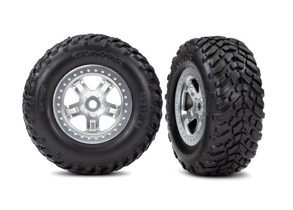 Traxxas 5973 Tires & Wheels, assembled, glued (SCT, satin chrome, beadlock style Wheels, dual profile (2.2' outer, 3.0' inner), SCT off-road racing Tires, foam Inserts) (2) - TRA5973