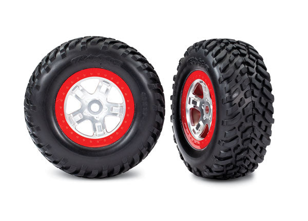 Traxxas 5973A Tires & Wheels, assembled, glued (SCT, satin chrome, - Red beadlock Wheels, dual profile (2.2' outer, 3.0' inner), SCT off-road Tires, foam Inserts) (2) - TRA5973A