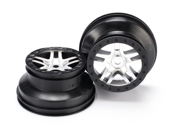 Traxxas 5974 Wheels , SCT Split-Spoke , satin chrome , black beadlock style , dual profile (2.2' outer , 3.0' inner) (Front / Rear) (2) - TRA5974