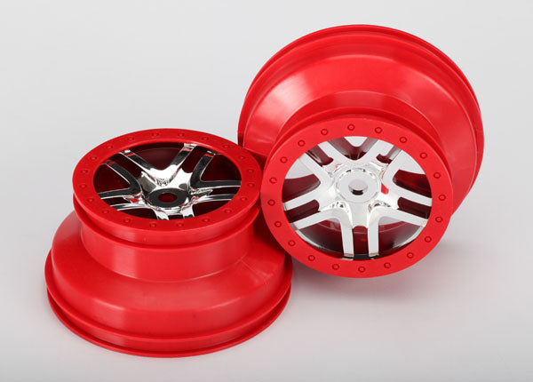 Traxxas 5974A Wheels , SCT Split-Spoke , chrome , - Red beadlock style , dual profile (2.2' outer , 3.0' inner) (Front / Rear) (2) - TRA5974A