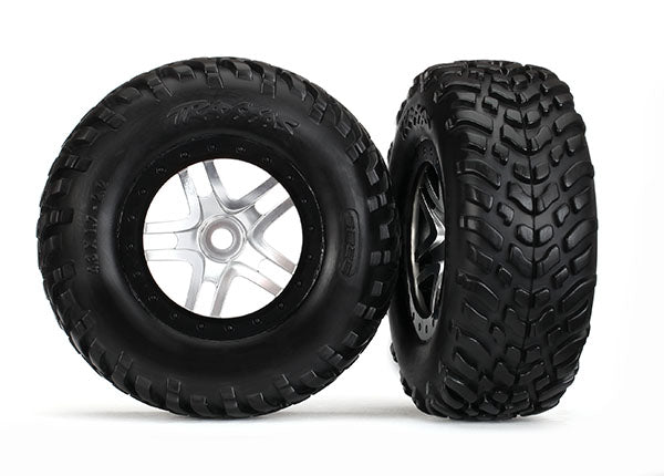 Traxxas 5975X Tires & Wheels, assembled, glued (S1 compound) (SCT Split-Spoke satin chrome, black beadlock style Wheels, dual profile (2.2' outer, 3.0' inner), SCT off-road racing Tires, foam Inserts) (2) (Front/Rear) - TRA5975X