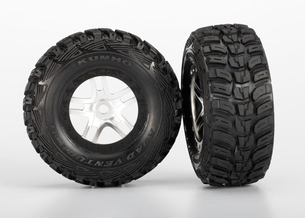 Traxxas 5976R Tires & Wheels , assembled , glued (S1 ultra-soft off-road racing compound) (SCT Split-Spoke satin chrome , black beadlock style Wheels , dual profile (2.2' outer , 3.0' inner) , Kumho Tires , foam Inserts) (2) (Front / Rear) - TRA5976R