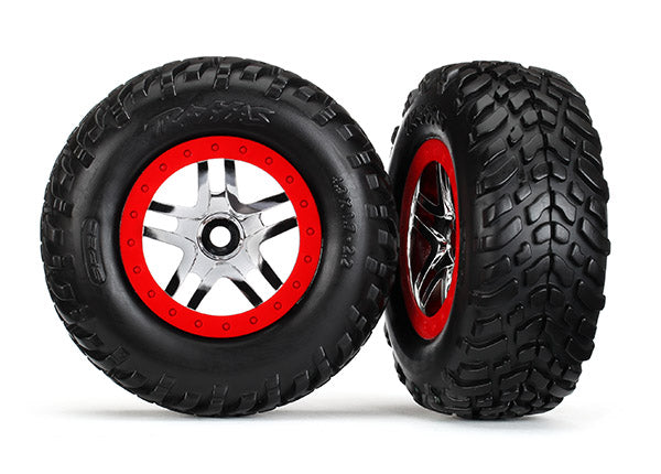 Traxxas 5977 Tires & Wheels, assembled, glued (SCT Split-Spoke chrome, - Red beadlock style Wheels, dual profile (2.2' outer, 3.0' inner), SCT off-road racing Tires, Inserts) (2) (Front/Rear) - TRA5977