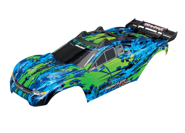 Traxxas 6717G Body, Rustler 4X4 VXL, green/ window, grille, lights Decal Sheet (assembled with Front & Rear Body Mounts and Rear Body support for clipless Mounting) - TRA6717G