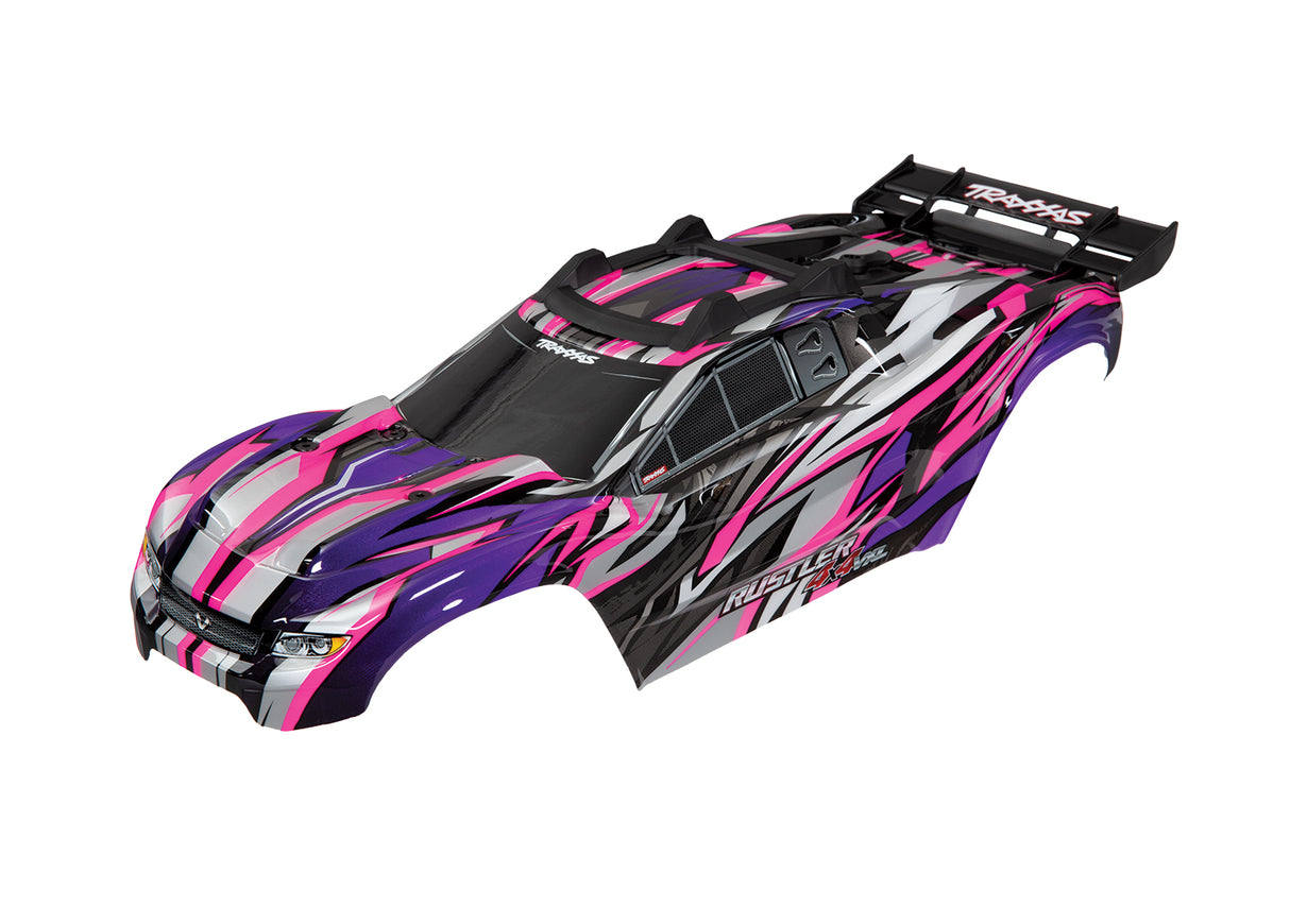Traxxas 6717P Body, Rustler 4X4 VXL, pink/ window, grille, lights Decal Sheet (assembled with Front & Rear Body Mounts and Rear Body support for clipless Mounting) - TRA6717P