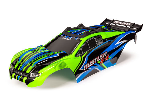 Traxxas 6734G Body, Rustler 4X4, Green & - Blue/ window, grille, lights Decal Sheet (assembled with Front & Rear Body Mounts and Rear Body support for clipless Mounting)