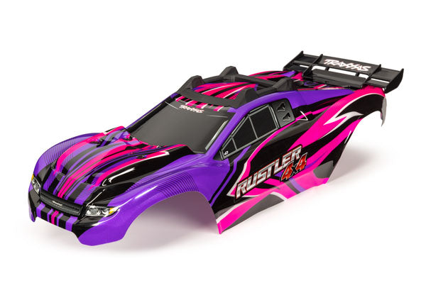Traxxas 6734P Body, Rustler 4X4, pink & purple/ window, grille, lights Decal Sheet (assembled with Front & Rear Body Mounts and Rear Body support for clipless Mounting)
