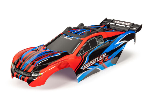 Traxxas 6734R Body, Rustler 4X4, - Red & - Blue/ window, grille, lights Decal Sheet (assembled with Front & Rear Body Mounts and Rear Body support for clipless Mounting)