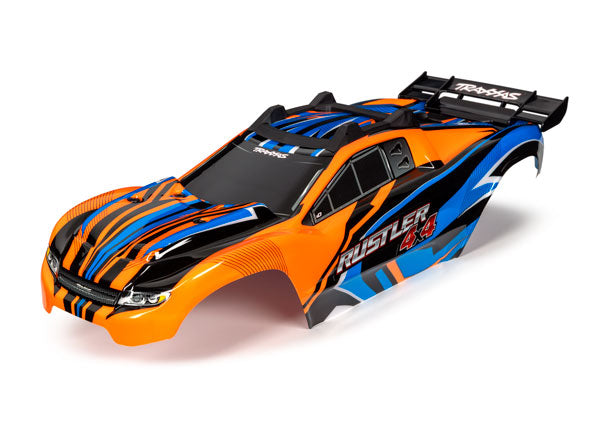 Traxxas 6734T Body, Rustler 4X4, orange & - Blue/ window, grille, lights Decal Sheet (assembled with Front & Rear Body Mounts and Rear Body support for clipless Mounting)