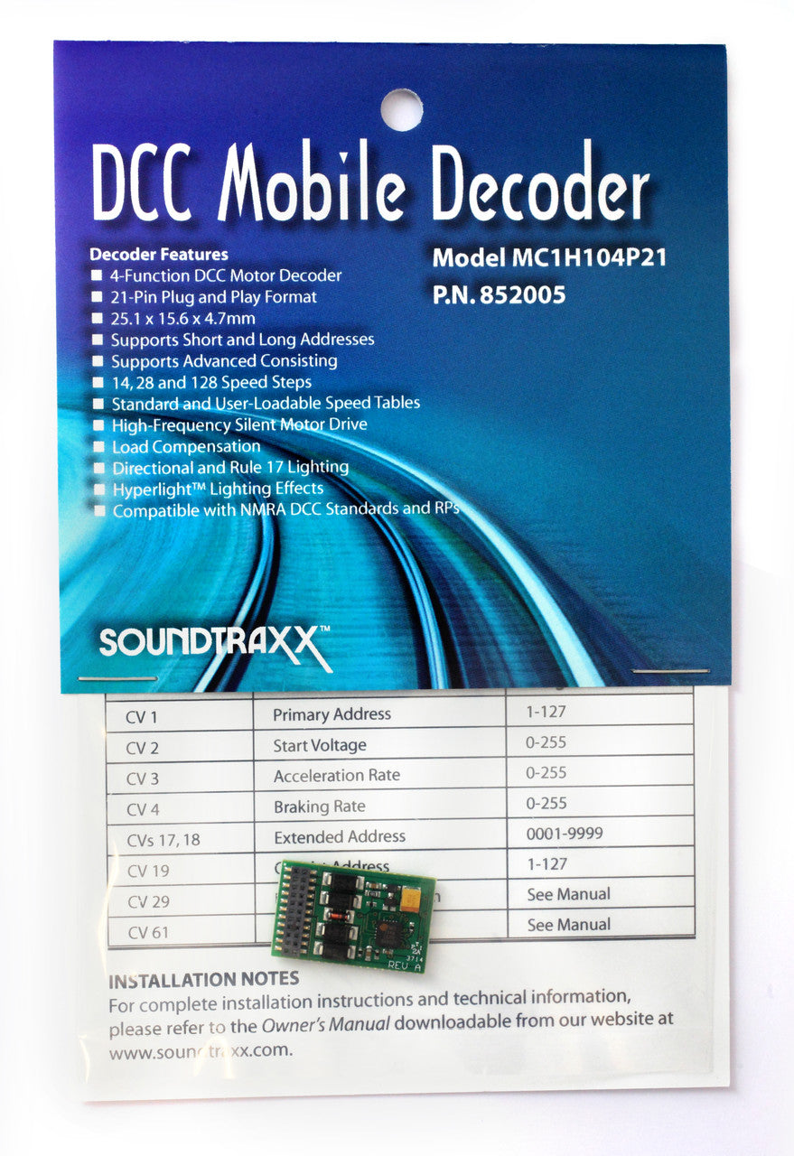 Soundtraxx MC1H104P21 DCC Mobile Decoder - MC1 Series DCC Only -- 1 Amp, 21-Pin Interface, 4 Functions - 678-852005