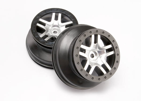 Traxxas 6872 Wheels, SCT Split-Spoke, satin chrome, black beadlock style, dual profile (2.2' outer, 3.0' inner) (4WD Front/Rear, 2WD Rear only) (2) - TRA6872