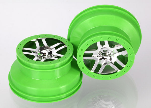 Traxxas 6872X Wheels , SCT Split-Spoke , chrome , Green beadlock style , dual profile (2.2' outer , 3.0' inner) (4WD Front / Rear , 2WD Rear) (2) - TRA6872X