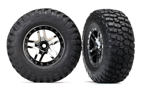 Traxxas 6873T Tires & Wheels , assembled , glued (SCT Split-Spoke black chrome beadlock style Wheels) - TRA6873T