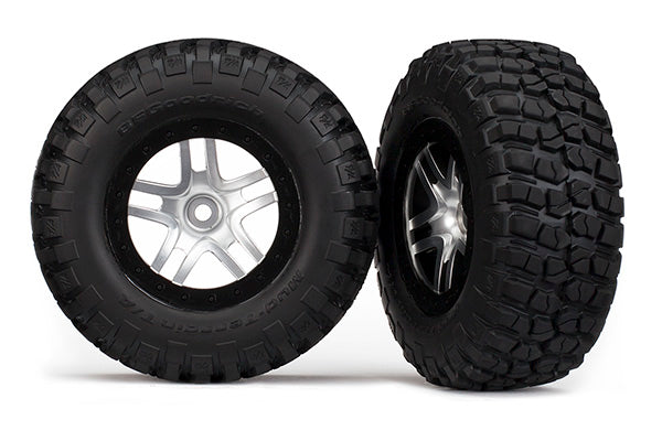 Traxxas 6873X Tires & Wheels, assembled, glued (S1 ultra-soft off-road racing compound) (SCT Split-Spoke satin chrome, black beadlock style Wheels, BFG Mud-Terrain Tires, foam Inserts) (2) (4WD Front/Rear, 2WD Rear only) - TRA6873X