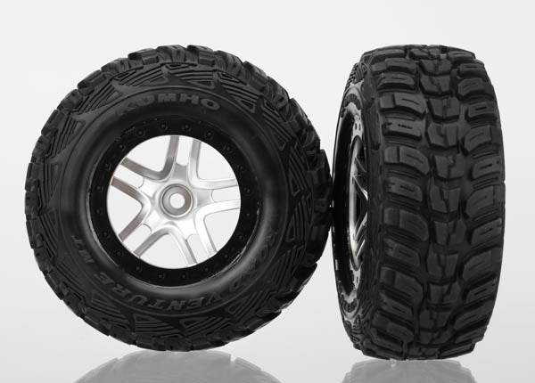Traxxas 6874R Tires & Wheels, assembled, glued (S1 ultra-soft off-road racing compound) (SCT Split-Spoke satin chrome, black beadlock style Wheels, Kumho Tires, foam Inserts) (2) (4WD Front/Rear, 2WD Rear only)