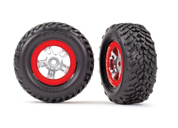Traxxas 7073A Tires and Wheels , assembled , glued (SCT satin chrome Wheels , - Red beadlock style , SCT off-road racing Tires , foam Inserts) (1 each , right & left) - TRA7073A
