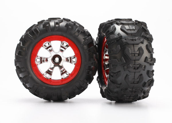 Traxxas 7272 Tires and Wheels, assembled, glued (Geode chrome, - Red beadlock style Wheels, Canyon AT Tires, foam Inserts) (1 left, 1 right) - TRA7272