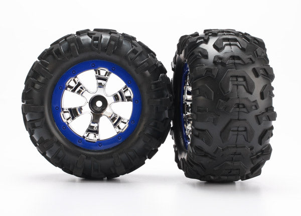 Traxxas 7274 Tires and Wheels, assembled, glued (Geode chrome, - Blue beadlock style Wheels, Canyon AT Tires, foam Inserts) (1 left, 1 right) - TRA7274