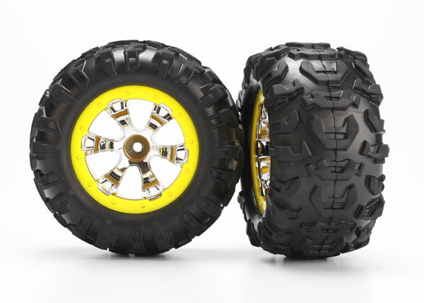 Traxxas 7276 Tires and Wheels, assembled, glued (Geode chrome, yellow beadlock style Wheels, Canyon AT Tires, foam Inserts)(1 left, 1 right) - TRA7276