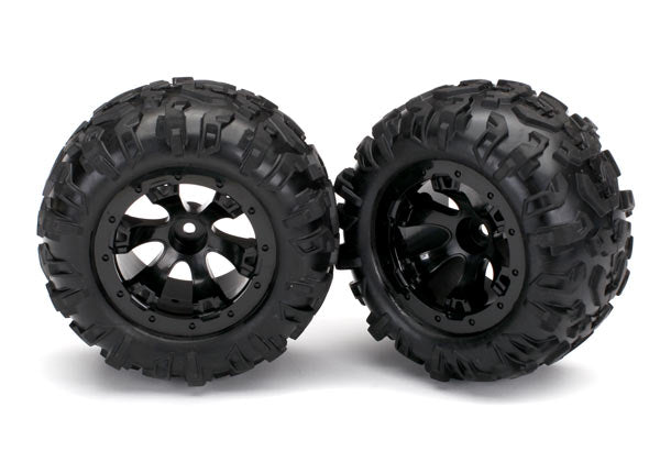 Traxxas 7277 Tires and Wheels , assembled , glued (Geode black , beadlock style Wheels , Canyon AT Tires , foam Inserts) (1 left , 1 right) - TRA7277