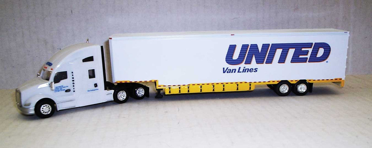 Trucks & Stuff Kenworth T680 Sleeper Cab Tractor w/Moving Van Trailer - Assembled -- United Van Lines (white, blue, yellow) - 734-TNS090