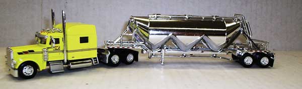 Trucks n stuff Peterbilt 389 Sleeper Cab Tractor w/Pneumatic Bulk Trailer - Assembled -- Cherokee Freight Lines (yellow, chrome) - 734-SPEC008