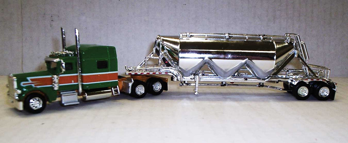 Trucks n stuff Peterbilt 389 Sleeper Cab Tractor w/Pneumatic Bulk Trailer - Assembled -- Green, Orange, Chrome - 734-SPEC018