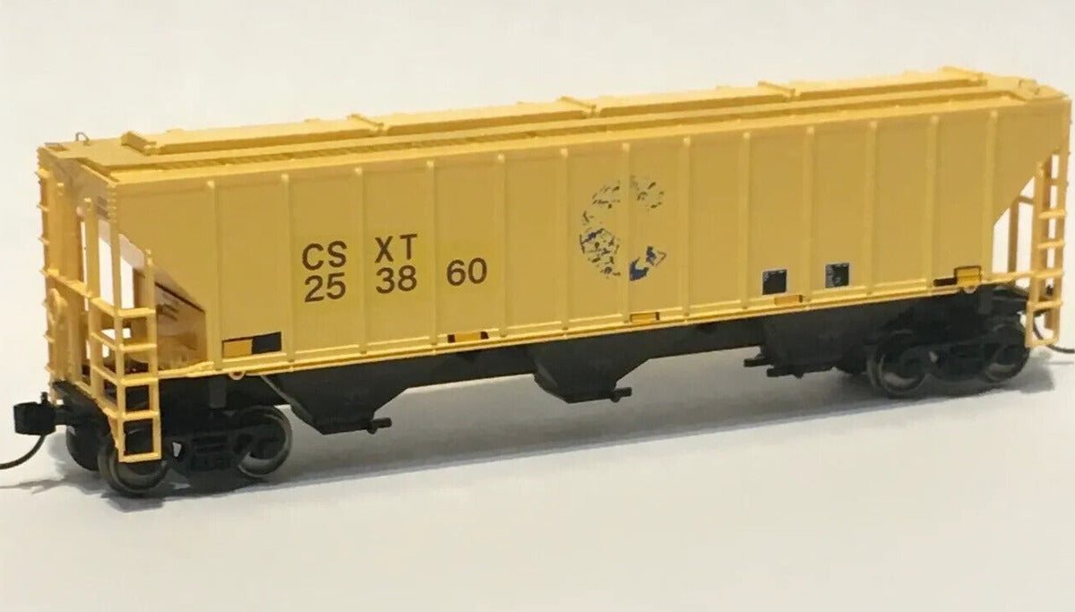 Pullman-Standard PS2-CD 4427 High-Side Covered Hopper - Ready to Run -- CSX 4 (Ex-Chessie, yellow, blue, black, yellow conspicuity marks, faded logo