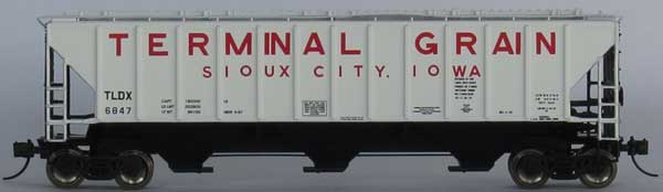 Trainworx N Pullman-Standard PS2-CD 4427 High-Side Covered Hopper - Ready to Run -- Terminal Grain TLDX #6847 (white, black, red)