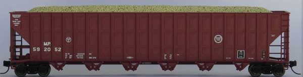 Trainworx N-Scale Greenville 7000-Cubic Foot Wood Chip Hopper - Ready to Run -- Missouri Pacific #5 (Boxcar Red, white, Small Buzzsaw Logo)