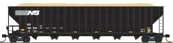 Trainworx N Greenville 7000-Cubic Foot Wood Chip Hopper - Ready to Run -- Norfolk Southern #198901 (black, white, yellow conspicuity striping)