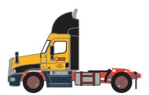 Freightliner Cascadia Raised-Roof 2-Axle Semi Tractor - Assembled -- Estes #1 (yellow, black, red; United States Dept. of Transportation Number)