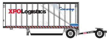 Trainworx N 28' Pup Van Trailer with Converter Dolly - Assembled -- XPO Logistics #4 (Con-Way; white, red, black, blue)