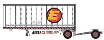 Trainworx N 28' Pup Van Trailer with Converter Dolly - Assembled -- Estes #2 (white, yellow, red; Circle E, House Logos; "Household Moving" Sl