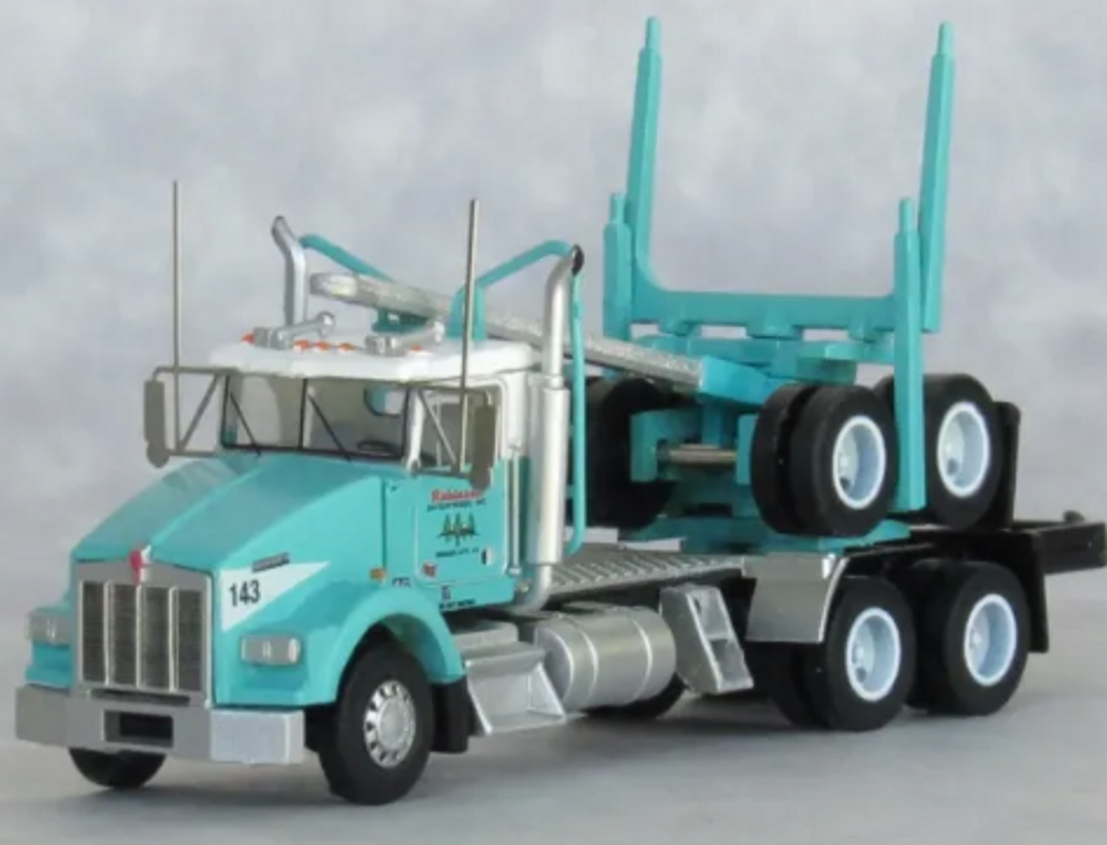 Trainworx N Kenworth T800 Log Truck with Trailer - Assembled -- Robinson (teal, white)