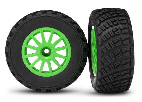 Traxxas 7473X Tires & Wheels, assembled, glued (Green Wheels, gravel pattern Tires, foam Inserts) (2) (TSM Rated) - TRA7473X