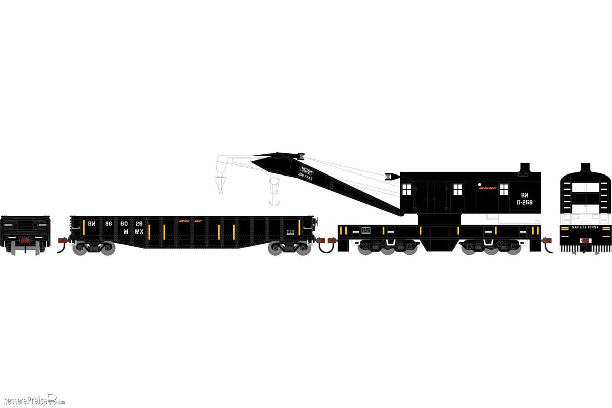 Athearn HO 200-Ton Crane and 50' Gondola Set, Burlington Northern (BN) #D-258 (Crane); #966026 (Gondola)