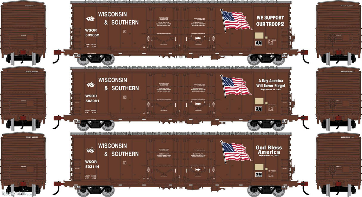 Athearn HO 50' Evans Double Plug Door Box Car, Wisconsin Southern (WSOR) 'Flag Cars' #503052/503081/503144 (3)