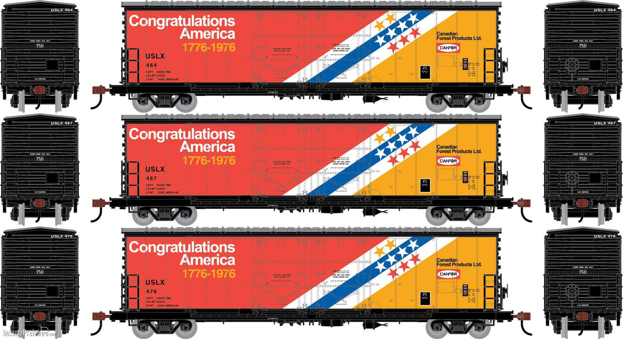 Athearn HO 50' Evans Double Plug Door Box Car, USLX 'Bicentennial' #464/467/476 (3)