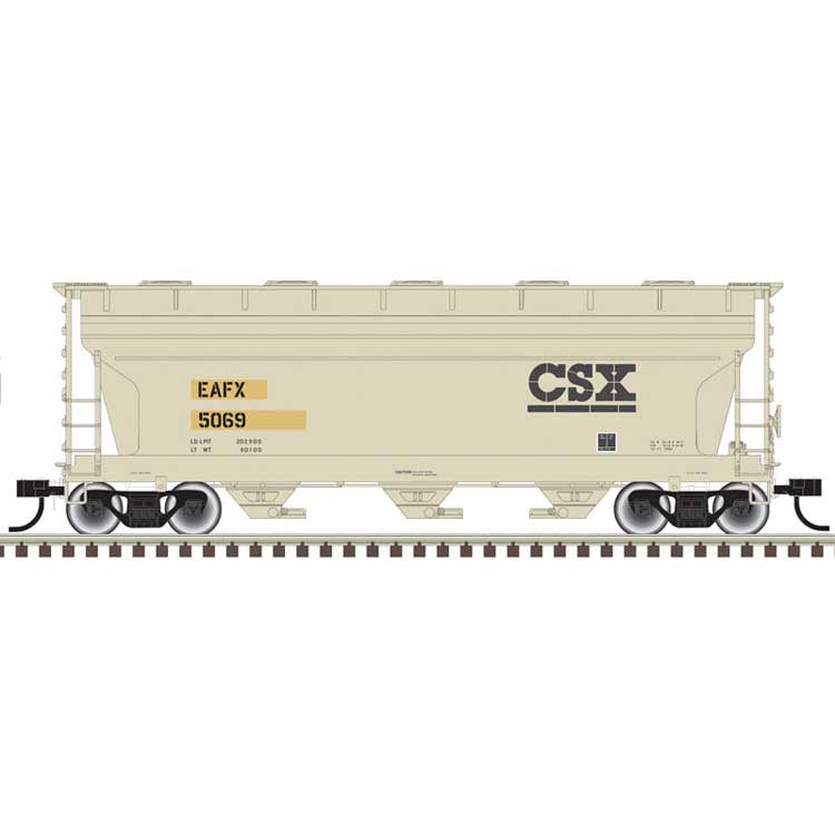 Atlas Trainman HO ACF 3560 Center-Flow Covered Hopper - Ready to Run – Rail Logistics EAFX #5074 (Ex-CSX Patch, tan, black)
