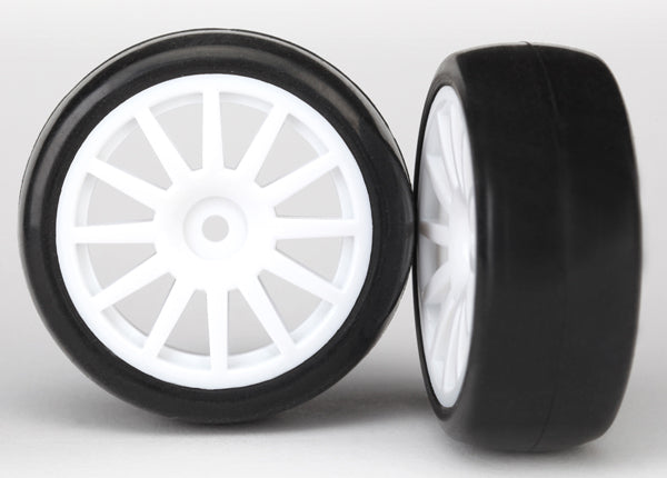 Traxxas 7572 Tires & Wheels, assembled, glued (12-spoke White Wheels, slick Tires) (2) - TRA7572