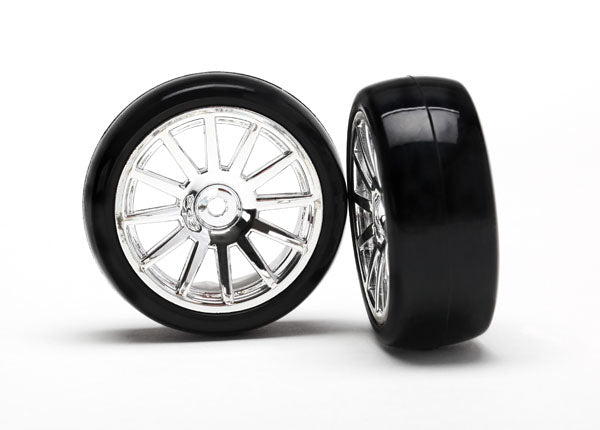 Traxxas 7573 Tires & Wheels, assembled, glued (12-spoke chrome Wheels, slick Tires) (2) - TRA7573