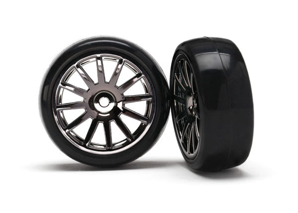 Traxxas 7573A Tires & Wheels, assembled, glued (12-spoke black chrome Wheels, slick Tires) (2) - TRA7573A