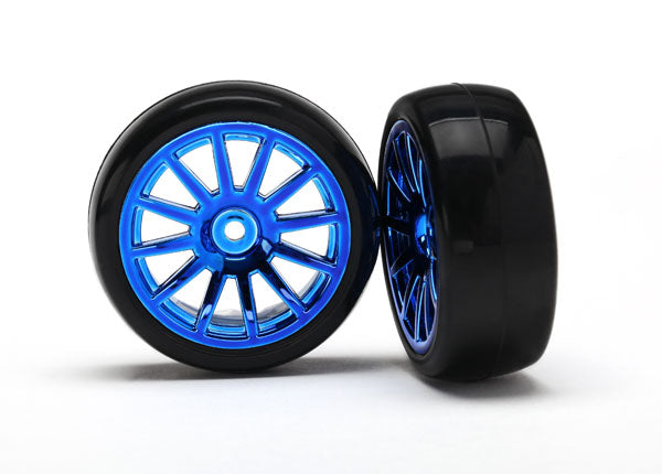 Traxxas 7573R Tires & Wheels, assembled, glued (12-spoke - Blue chrome Wheels, slick Tires) (2) - TRA7573R