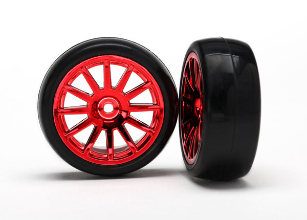Traxxas 7573X Tires & Wheels, assembled, glued (12-spoke - Red chrome Wheels, slick Tires) (2) - TRA7573X