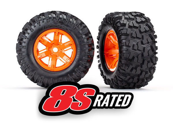 Traxxas 7772T Tires & Wheels, assembled, glued (X-Maxx orange Wheels, Maxx AT Tires, foam Inserts) (left & right) (2) - TRA7772T