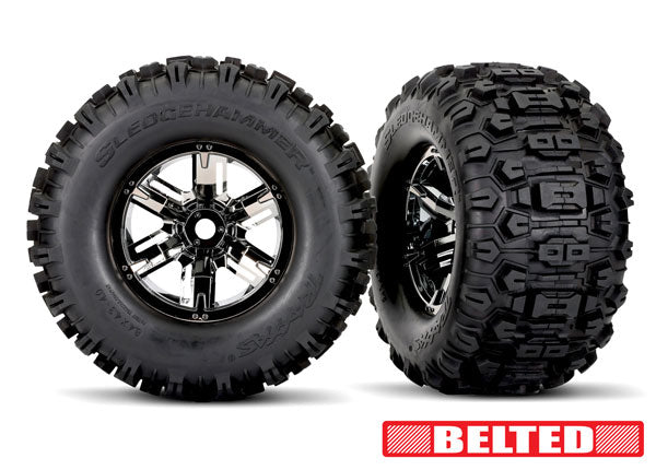 Traxxas 7871X Tires & Wheels, assembled, glued (X-Maxx black chrome Wheels, Sledgehammer belted Tires