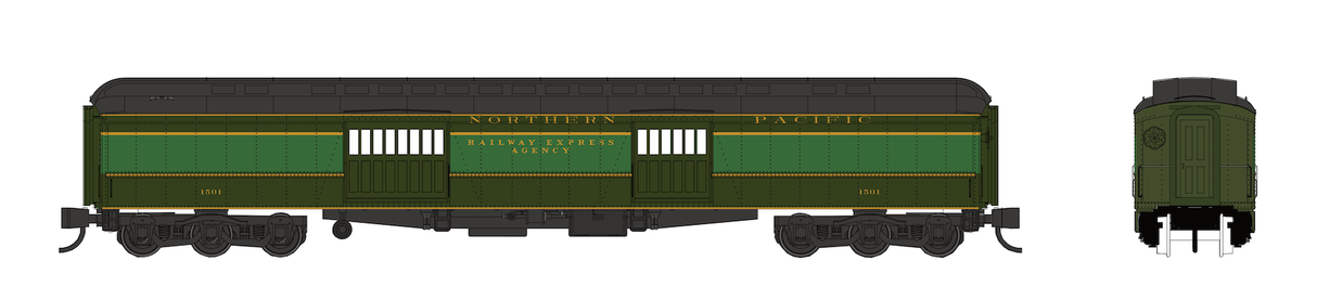Wheels of Time N Scale Heavyweight 74-ft baggage-express cars - Northern Pacific (NP) #1571 & #1590, 2-Pack