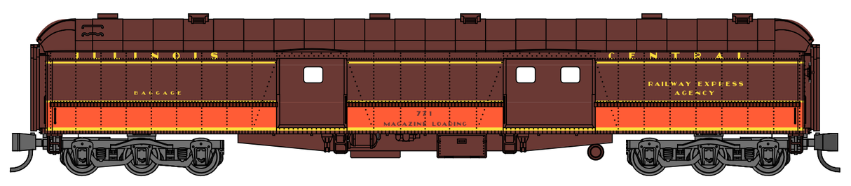 Wheels of Time N Scale Heavyweight 74-ft baggage-express cars - Illionis Central (IC) #771 arched; "Mag Loading" & #792 clerestory, 2-Pack