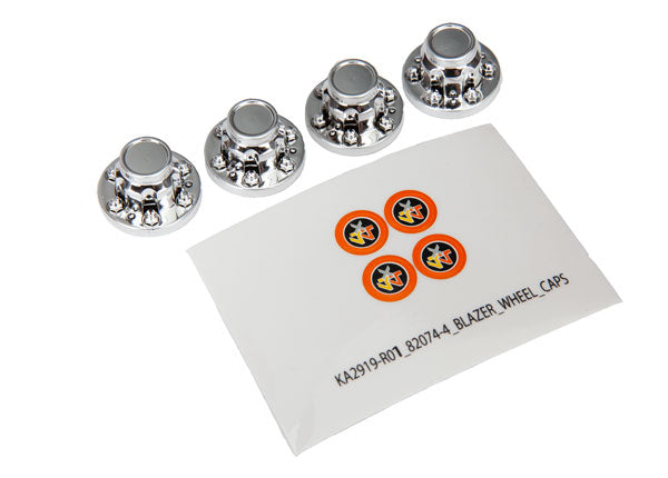 Traxxas 8164 Center caps , Wheel (chrome) (4) / Decal Sheet (requires #8255A extended stub axle) - TRA8164